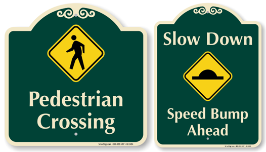 Examples of green signs from RoadTrafficSigns.com, one is a pedestrian crossing and the other is a speed bump ahead